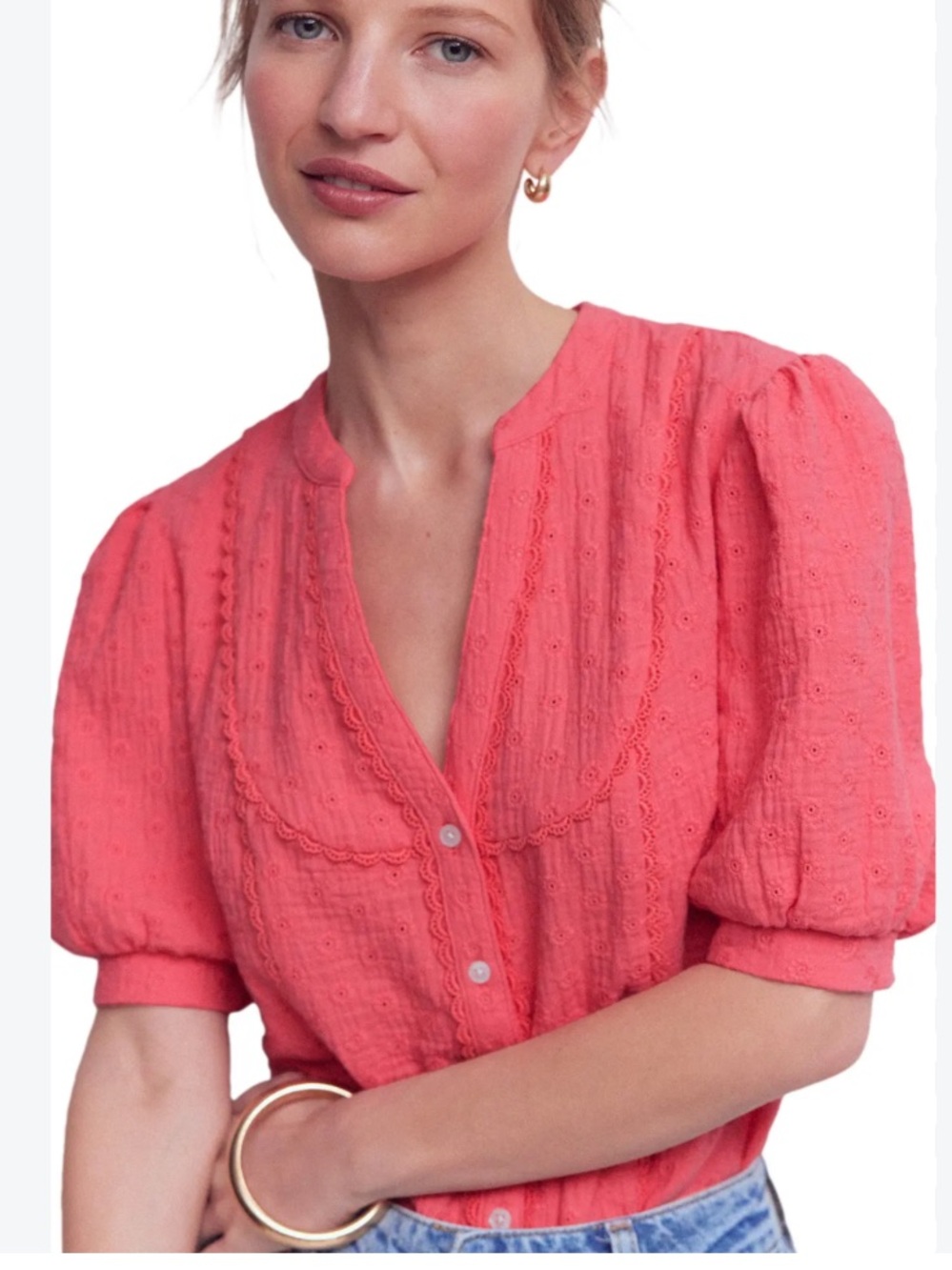 BODEN trim Insert double cloth cotton top floral eyelet puff sleeves US SZ 12